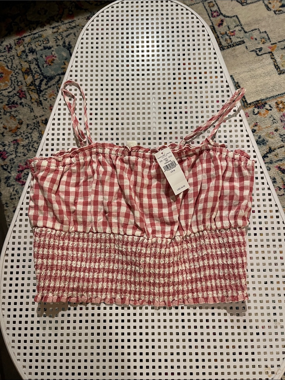 American Eagle Outfitters Pink & White Gingham Smocked Crop Top, size M